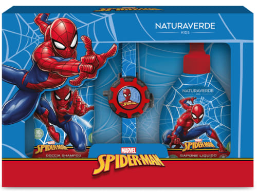 confezione spiderman con roiettore da polso ,sapone e doccia shampoo