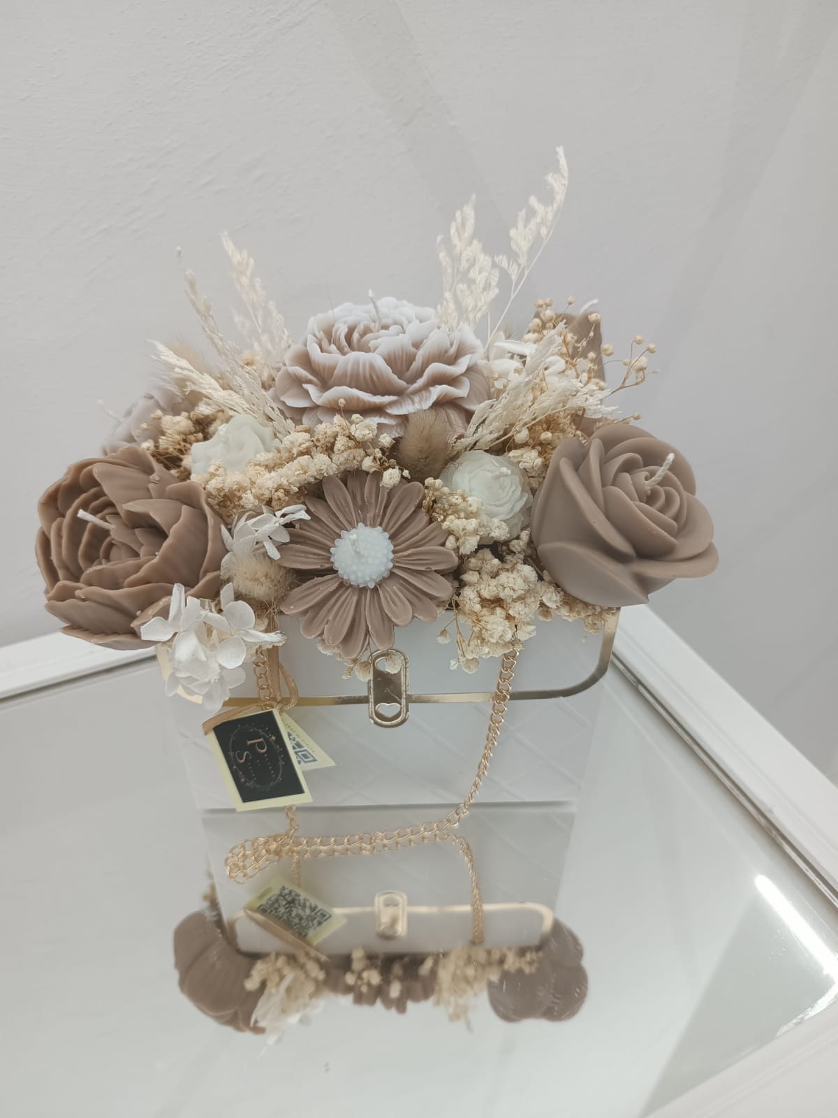 Polvere Di Stelle Candele Profumate Floreali Beige in Borsetta Bianca Varie Fragranze
