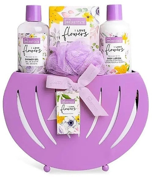 cofanetto in latta con bagnoschiuma crema corpo, sali all'acqua di rose e iris